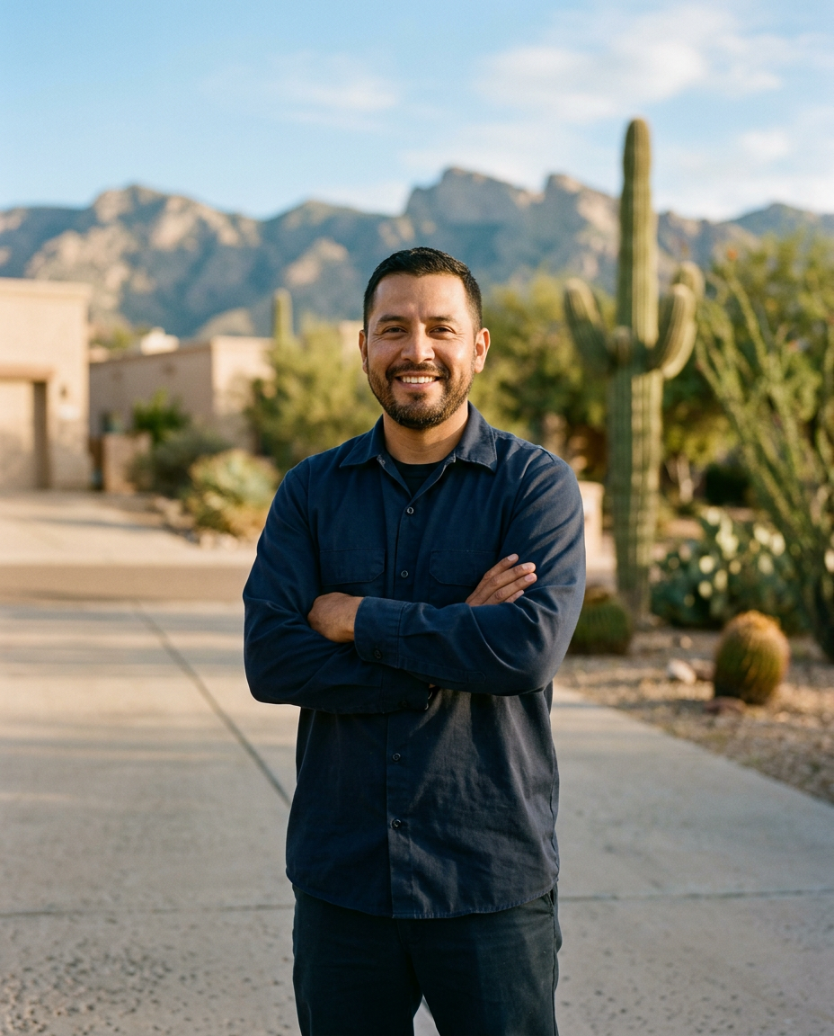 Founder Angel Morales standing in a Tucson neighborhood driveway
