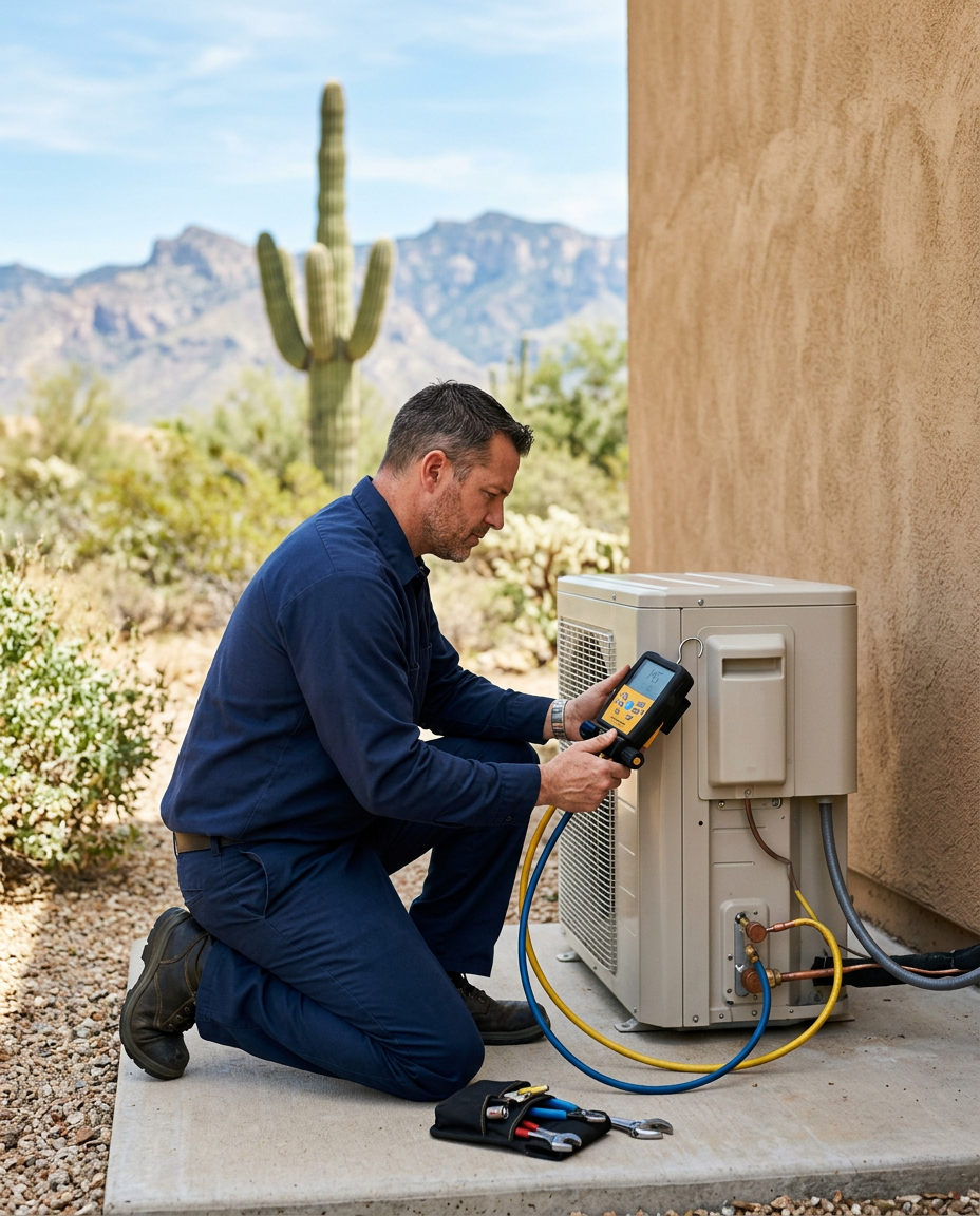 HVAC technician servicing an outdoor condenser unit beside a Tucson home