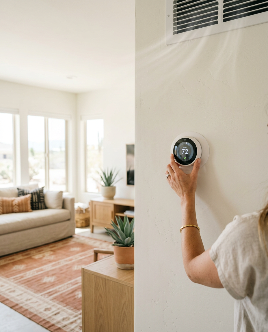 Homeowner adjusting a smart thermostat in a bright southwestern living room