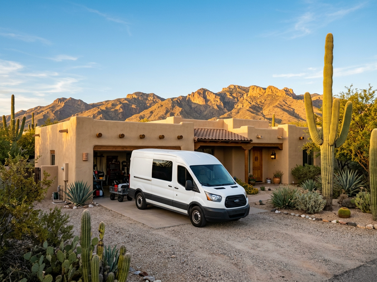 Service van parked at a southwestern home with Tucson desert mountains behind it