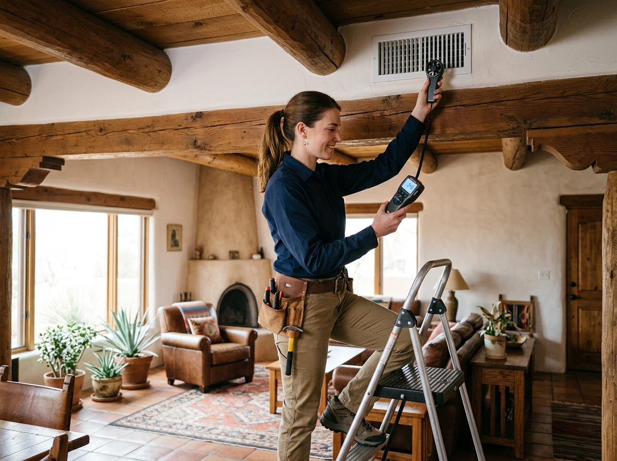 Technician measuring airflow at a ceiling vent inside a southwestern living room