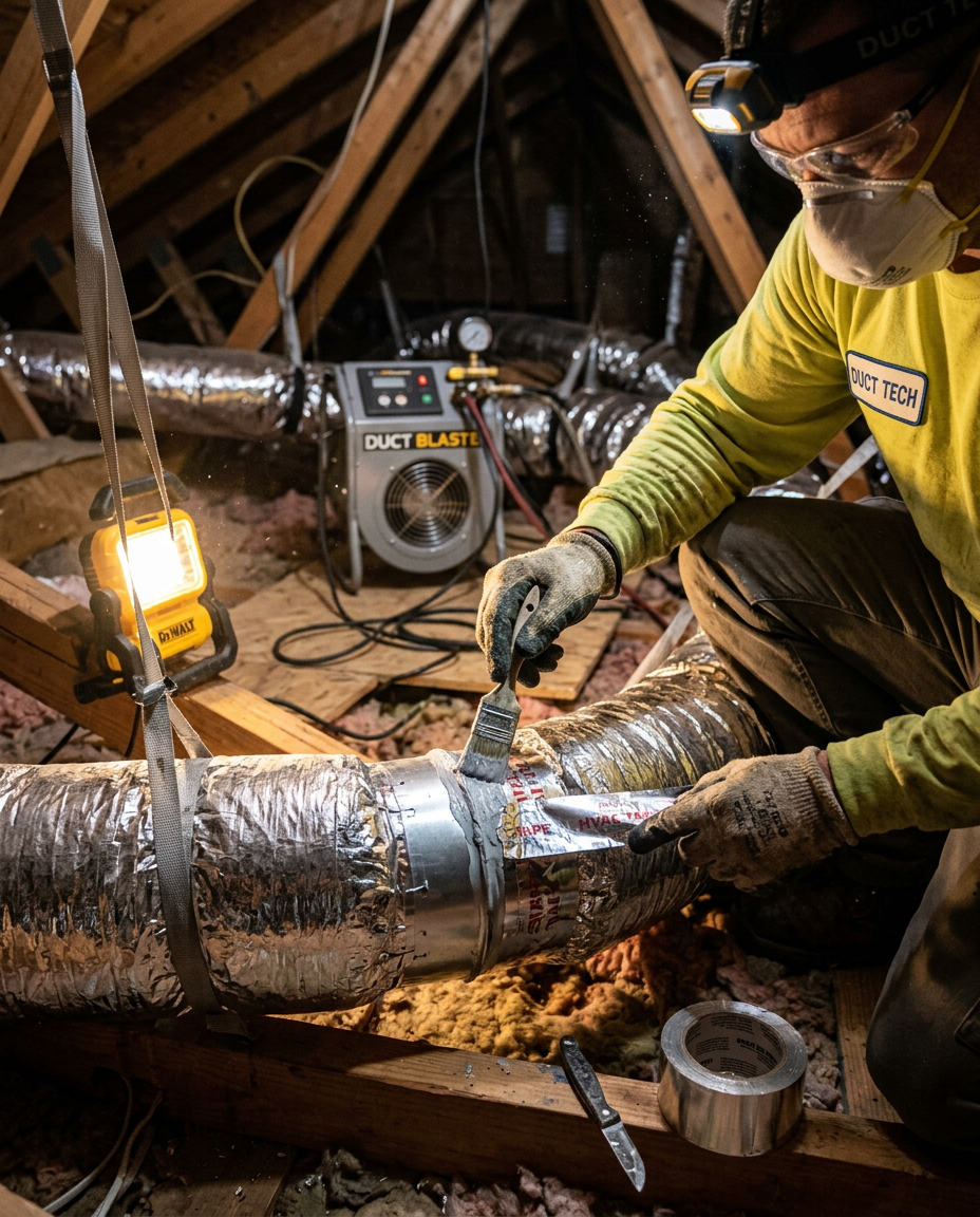 Technician sealing residential ductwork in an attic during a duct leakage test