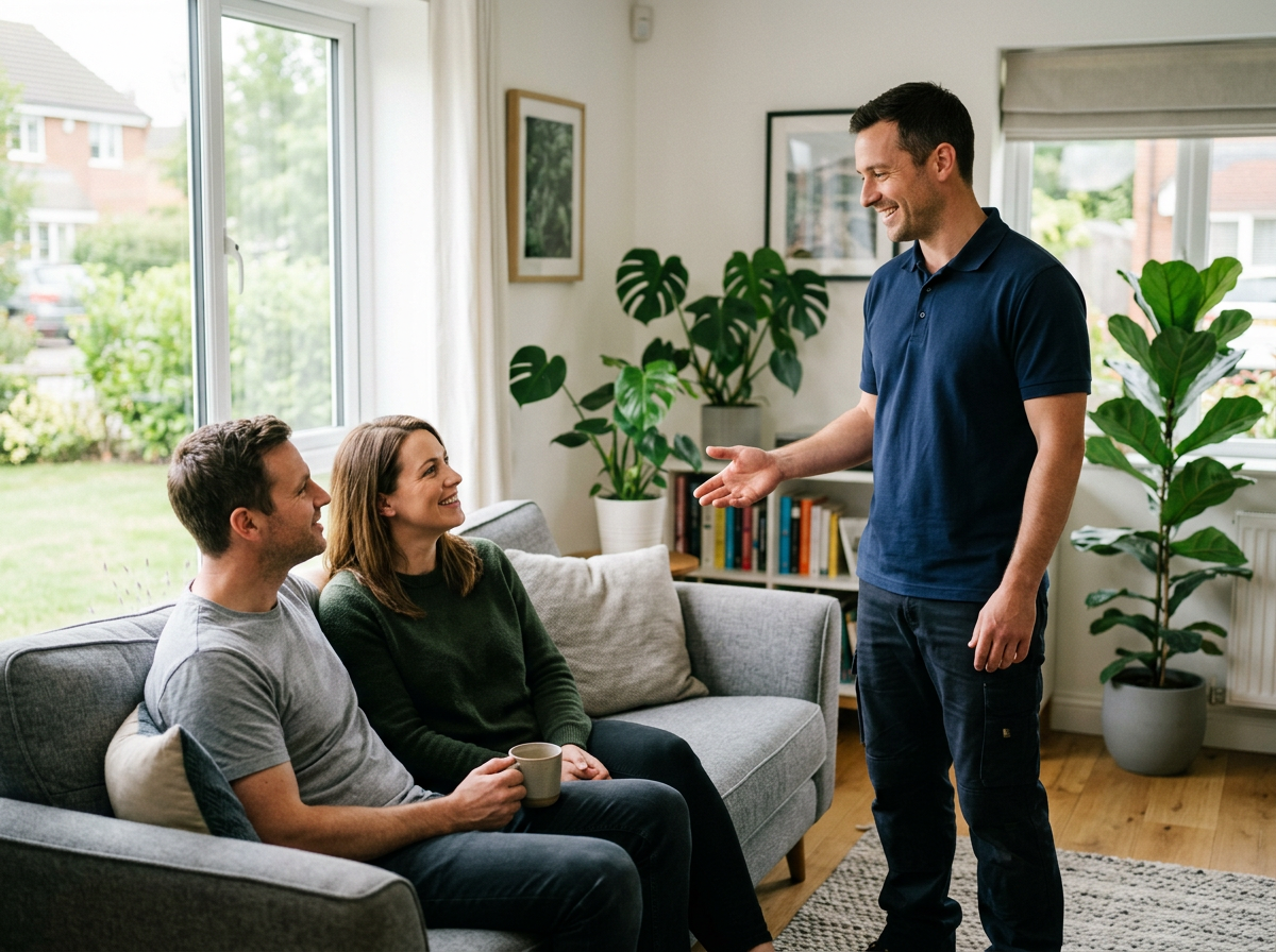 Technician calmly explaining comfort options to homeowners in a living room