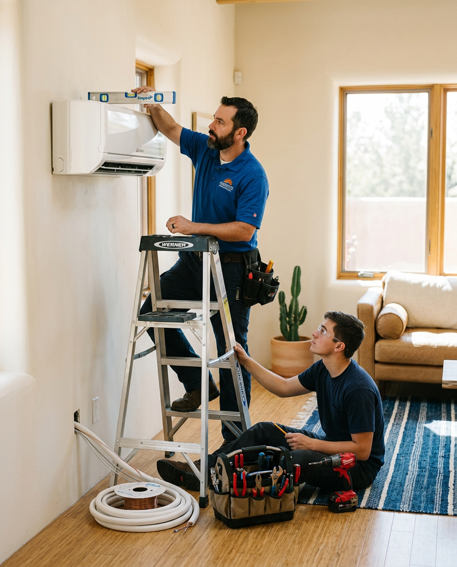 Technicians installing a ductless mini-split head inside a bright home