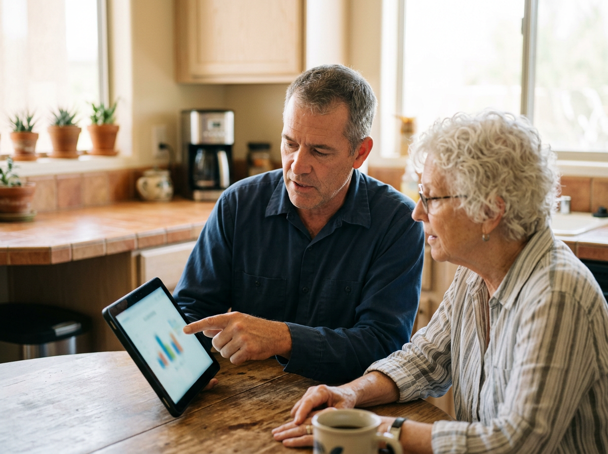 Technician reviewing clear pricing options with a homeowner at a kitchen table